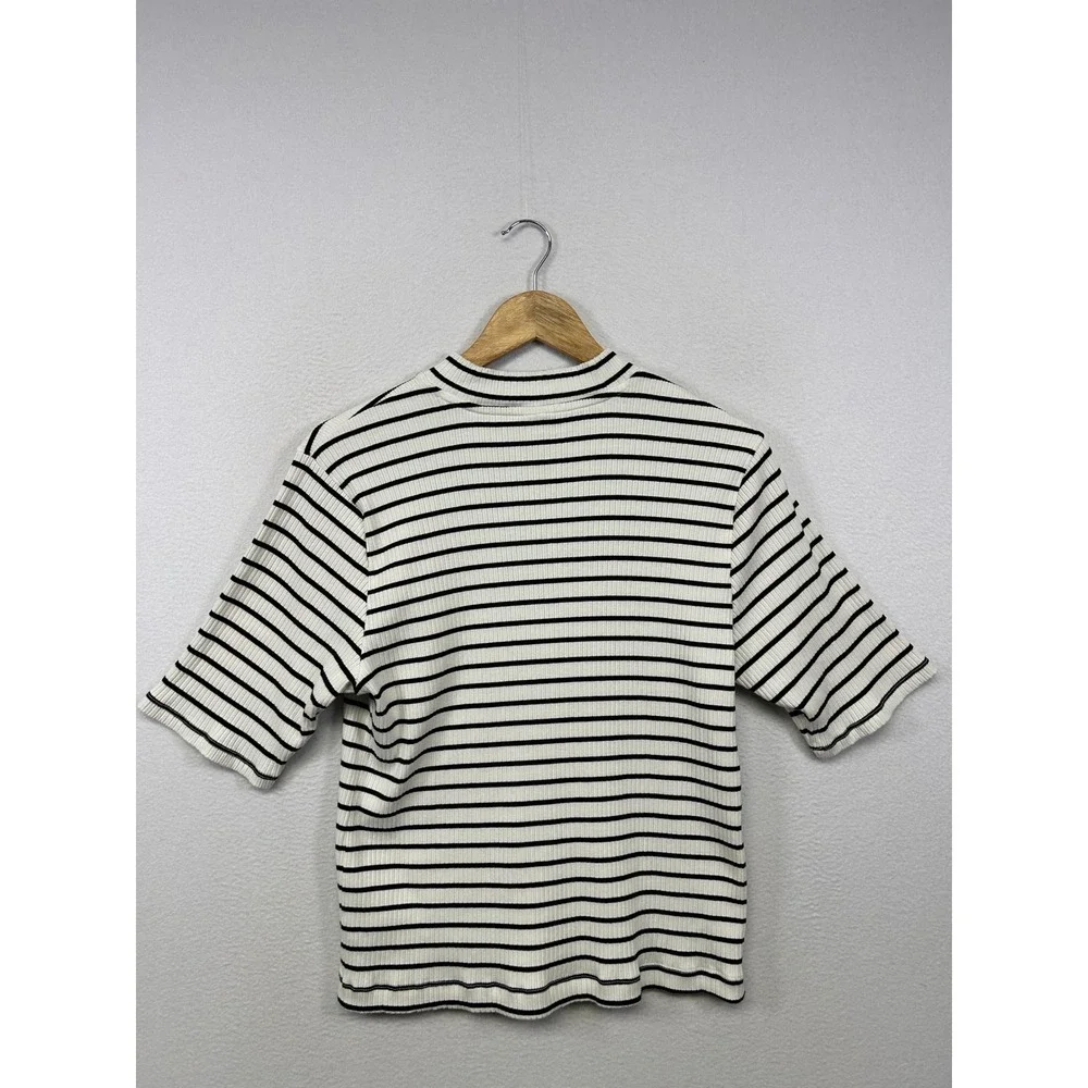 Old Navy Parisian Chic Womens XL White Black Striped Ribbed Mock Neck Top